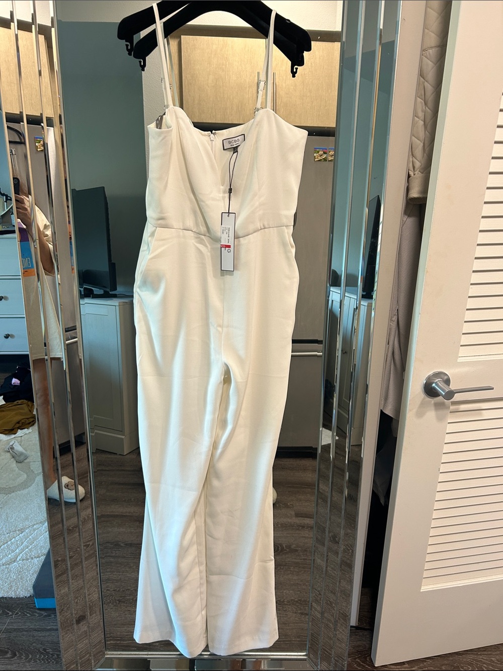 BCBG White Strapless Wide-Leg Jumpsuit